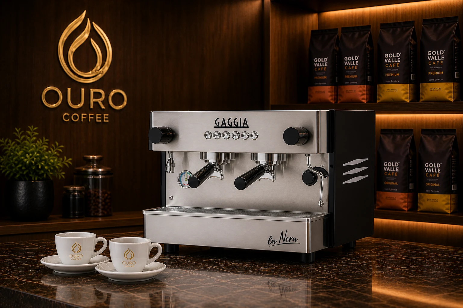Máquina Gaggia La Nera de dois grupos em ambiente com tons de madeira e iluminação dourada