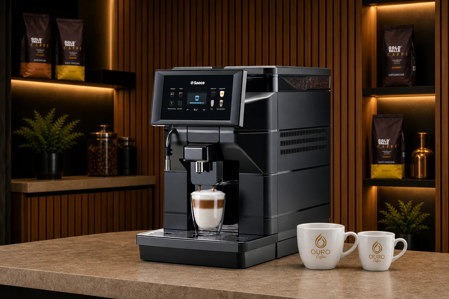 Máquina automática Saeco preparando uma bebida com leite, acompanhada de xícaras Ouro Coffee